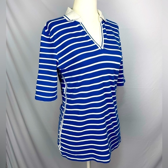 Tommy Hilfiger Tops - Tommy Hilfiger polo shirt open V-neck white and blue stripes women’s size S
